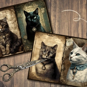 May include: Three vintage-style illustrations of cats on a wood background. The first image features a brown tabby cat with a collar and a clock. The second image features a black cat with a collar and a clock. The third image features a white cat with a blue collar and a clock.