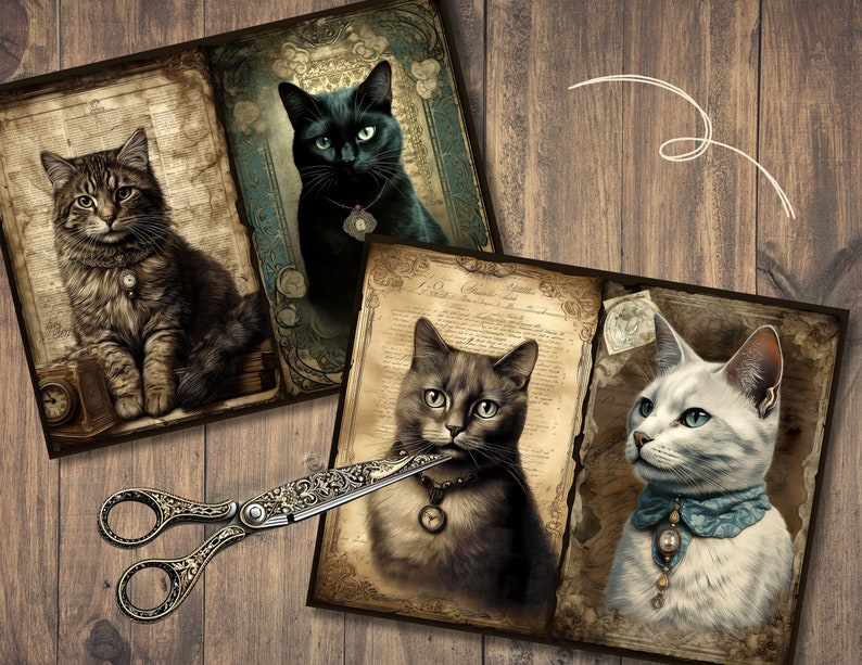 May include: Three vintage-style illustrations of cats on a wood background. The first image features a brown tabby cat with a collar and a clock. The second image features a black cat with a collar and a clock. The third image features a white cat with a blue collar and a clock.