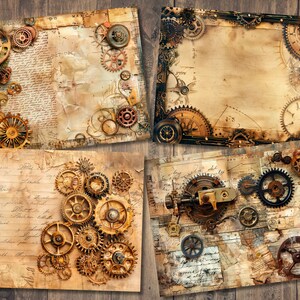 Pu&ograve; includere: Quattro quadrati di carta in stile vintage con tema steampunk. Ogni quadrato presenta un design diverso con ingranaggi, quadranti dell'orologio e testo scritto a mano. La carta ha un aspetto usurato e invecchiato.