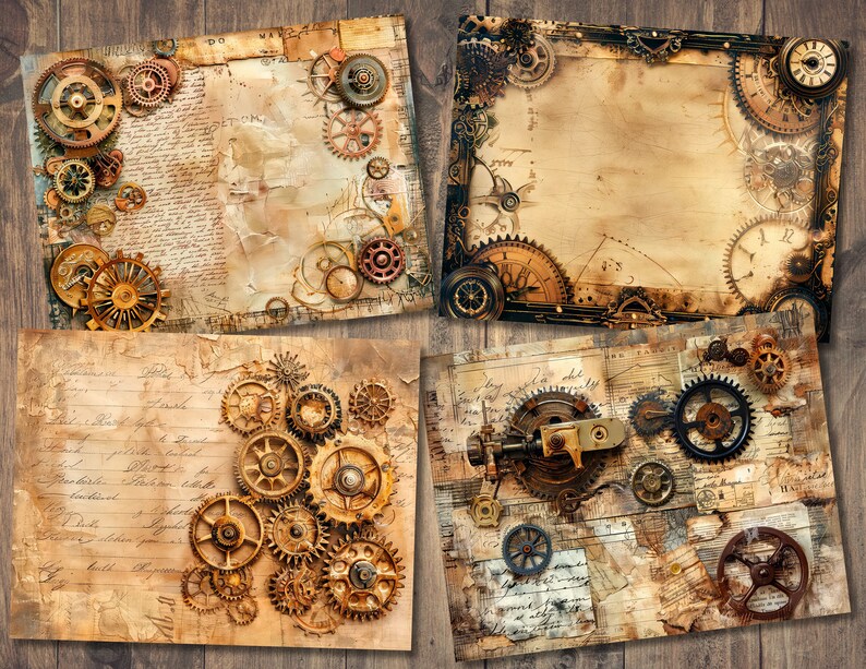 Pu&ograve; includere: Quattro quadrati di carta in stile vintage con tema steampunk. Ogni quadrato presenta un design diverso con ingranaggi, quadranti dell'orologio e testo scritto a mano. La carta ha un aspetto usurato e invecchiato.