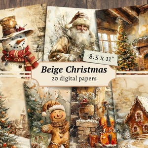 Beige digitale kerstpapieren, plakboekkit, neutrale kerst afdrukbaar, vintage ongewenste dagboekpagina, kortstondige feestdagen, vel kaarten maken