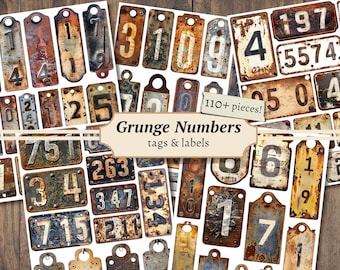 Grunge Numbers Tags & Labels, Printable Junk Journal Embellishment, Vintage Collage Sheet, Distressed Ephemera, Industrial Steampunk Digital