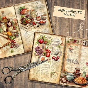 Puede incluir: Dos libros antiguos abiertos con ilustraciones de comida y recetas. Los libros est&aacute;n sobre una superficie de madera con un par de tijeras doradas.