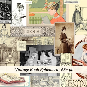 Vintage Book Ephemera | 65+ pc | digital library junk journal kit, dark academia collage sheet, scrapbook paper, printable journaling pages