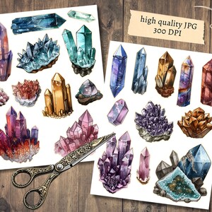 Mystic Crystals Fussy Cuts, Digital Ephemera, Gemstones Printable, Watercolor Junk Journal Pages, Gems Scrapbook Paper Kit, Collage Sheet image 2