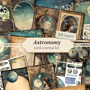 Kit per diario di astronomia, foglio di collage digitale della luna, carta per scrapbooking celeste stampabile, effimeri vintage, etichette astrologiche con tasche