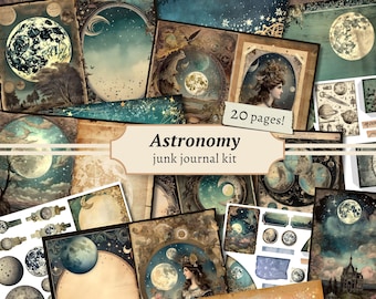 May include: A digital junk journal kit with 20 pages featuring vintage illustrations of celestial bodies, moons, stars, and constellations. The kit includes a title card that reads "Astronomy junk journal kit".