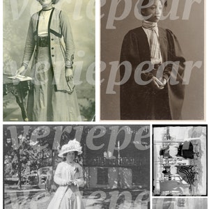 May include: A collage of three vintage black and white photographs featuring women in different clothing styles. The first image shows a woman in a long dress and coat, holding a book. The second image shows a woman in a graduation gown and cap. The third image shows a woman in a long dress and hat, holding a bouquet of flowers.