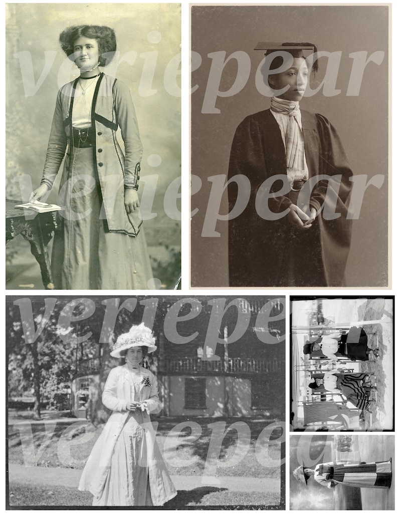 May include: A collage of three vintage black and white photographs featuring women in different clothing styles. The first image shows a woman in a long dress and coat, holding a book. The second image shows a woman in a graduation gown and cap. The third image shows a woman in a long dress and hat, holding a bouquet of flowers.