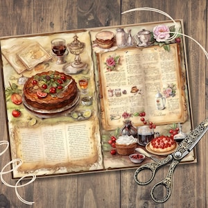 Puede incluir: Un libro de cocina vintage abierto con una receta para un pastel de cerezas y bayas. El libro de cocina est&aacute; abierto en una p&aacute;gina con texto escrito a mano e ilustraciones de ingredientes y herramientas. Un par de tijeras antiguas est&aacute; sobre el libro de cocina.