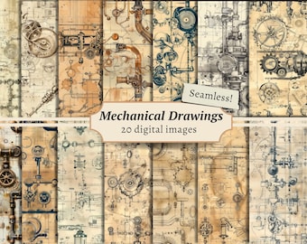 Puede incluir: Un conjunto de 20 patrones digitales sin costuras que presentan dibujos mecánicos vintage en marrón, negro y blanco. Los patrones son perfectos para scrapbooking, papel digital y otros proyectos de manualidades.
