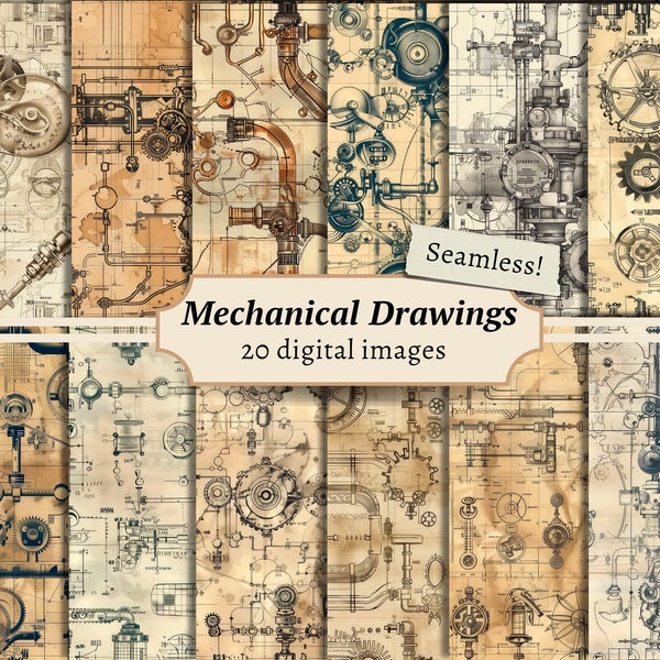 Mechanical Drawings Seamless Digital Papers, Steampunk Scrapbook Background Kit, Grunge Printable, Vintage Antique Patterns, Old Blueprints