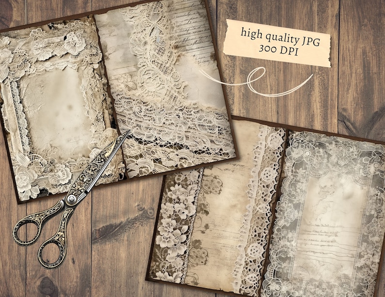 Vintage Lace Junk Journal Pages, Digital Grunge Scrapbook Paper ...