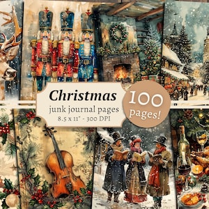 Pagine del diario spazzatura di Natale, kit di carta per album digitale, stampabile per le vacanze, sfondo invernale festivo, Babbo Natale vintage, foglio di collage