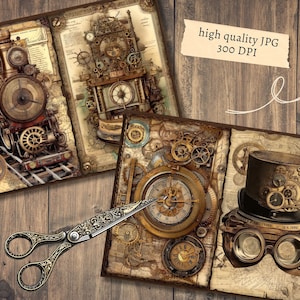 May include: Steampunk-themed digital art prints featuring a train, clock tower, compass, and top hat with goggles. The prints have a vintage map background and are adorned with gears and cogs. The text "high quality JPG 300 DPI" is visible.