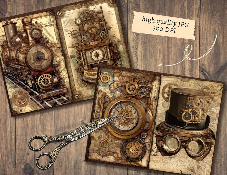 May include: Steampunk-themed digital art prints featuring a train, clock tower, compass, and top hat with goggles. The prints have a vintage map background and are adorned with gears and cogs. The text "high quality JPG 300 DPI" is visible.
