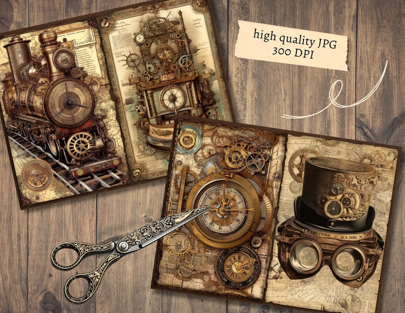 Steampunk Junk Journal Pages, Digital Industrial Paper, Victorian Printable, Digi Collage Sheet, Mechanical Scrapbook Kit, Vintage Ephemera image 2