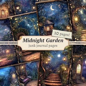 Midnight Garden Junk Journal Pages, digitaal plakboek, Starry Sky Paper Kit, Enchanted afdrukbaar, vintage efemere verschijnselen, celestial collagevel