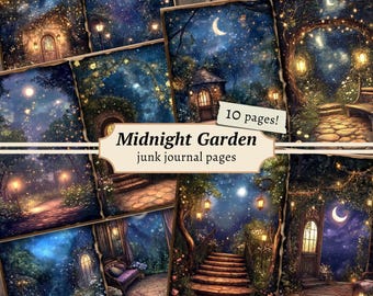 Midnight Garden Junk Journal Pages, Digital Scrapbook, Starry Sky Paper Kit, Enchanted Printable, Vintage Ephemera, Celestial Collage Sheet