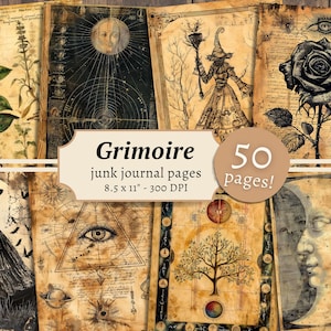 Grimoire Digital Papers, pagine di album gotici, stampabile occulto, foglio di collage di streghe, effimeri vintage, kit diario spazzatura, libro delle ombre