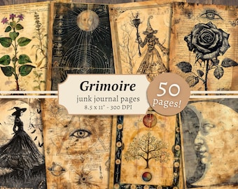 Grimoire Digital Papers, gothic scrapbook pages, occult printable, witch collage sheet, vintage ephemera, junk journal kit, book of shadows