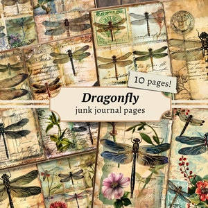 Dragonfly Junk Journal Pages, digitale plakboekkit, afdrukbaar libel, collageblad, bloemendownload, vintage ephemera, insecten-ATC