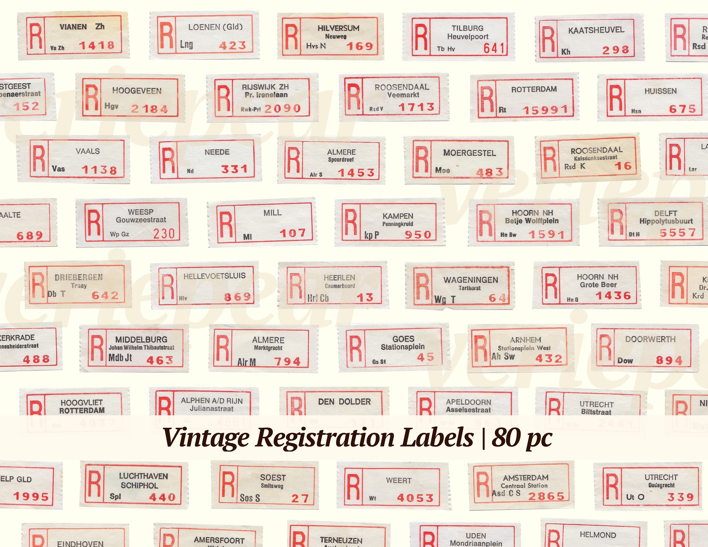 Vintage Registration Labels | 80x | Printable Postal Labels | Used