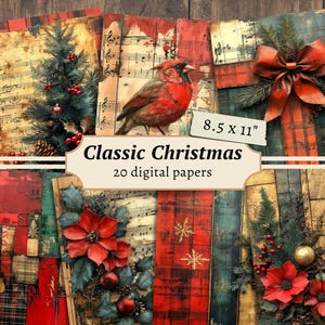 Digitale kerstpapieren, plakboekkit, vintage feestdagen afdrukbaar, Xmas Junk Journal-pagina, kortstondige kaarten maken, klassieke kerstrug