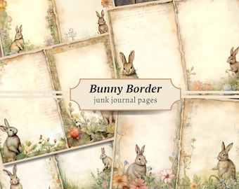 May include: Eight vintage-style printable journal pages with bunny rabbit illustrations and floral borders. The pages are designed for junk journaling and scrapbooking.