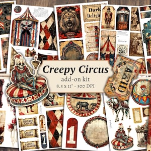 Creepy Circus-add-on voor ongewenste dagboeken, digitaal plakboek, afdrukbaar clown, carnavalspagina's, collagevel, vintage ephemera, eerlijke kaarten