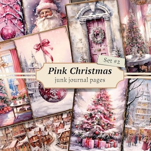 K&ouml;nnte beinhalten: Ein Set aus acht digitalen Scrapbook-Papierseiten zum Thema rosa Weihnachten. Die Seiten zeigen Bilder eines verschneiten Dorfes, eines rosa Weihnachtsbaums, eines Weihnachtsmanns und einer rosa T&uuml;r mit einem Kranz.