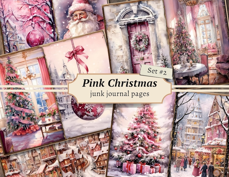 K&ouml;nnte beinhalten: Ein Set aus acht digitalen Scrapbook-Papierseiten zum Thema rosa Weihnachten. Die Seiten zeigen Bilder eines verschneiten Dorfes, eines rosa Weihnachtsbaums, eines Weihnachtsmanns und einer rosa T&uuml;r mit einem Kranz.