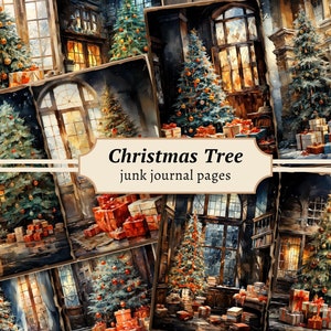 Kerstboom ongewenste dagboekpagina's, digitale plakboekkit, afdrukbare vakantie, feestelijk collageblad december, vintage kortstondige download