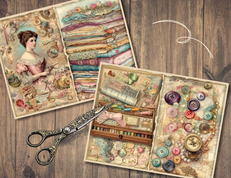 Peut inclure: Deux pages de scrapbooking de style vintage avec un collage d'images et de texte. La premi&egrave;re page pr&eacute;sente une femme en robe rose tenant une paire de ciseaux. La deuxi&egrave;me page pr&eacute;sente une collection de boutons, de perles et d'autres fournitures de couture.
