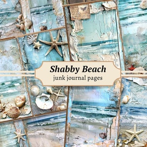 Shabby Beach Junk Journal Pages, Digital Scrapbook Paper Kit, Coastal Printable, Vintage Shells Collage Sheet, Nautical Seashell, Seaside