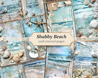 Shabby Beach Junk Journal Pages, Digital Scrapbook Paper Kit, Coastal Printable, Vintage Shells Collage Sheet, Nautical Seashell, Seaside