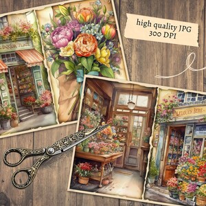 May include: Three watercolor paintings of flower shops in Paris, France. Each shop has a different name and is decorated with flowers. The first shop is called "The Sanctuary of Delicate Illusions", the second shop is called "Le Louen Bere", and the third shop is called "The Flower Shop".