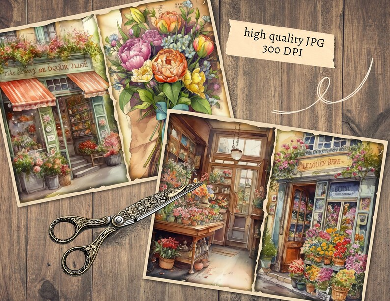 May include: Three watercolor paintings of flower shops in Paris, France. Each shop has a different name and is decorated with flowers. The first shop is called "The Sanctuary of Delicate Illusions", the second shop is called "Le Louen Bere", and the third shop is called "The Flower Shop".