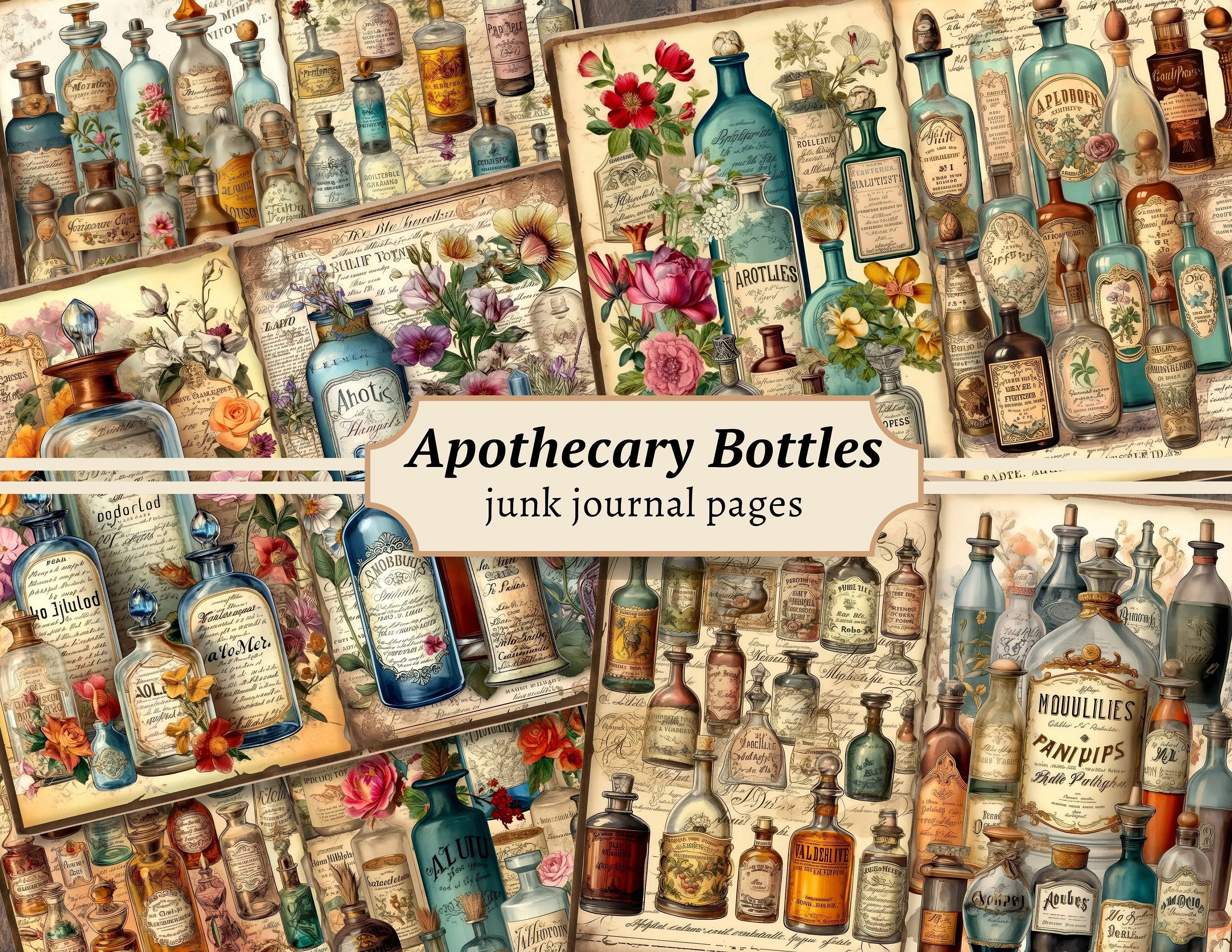 Apothecary Bottles Junk Journal Pages, Digital Scrapbook Paper Kit ...