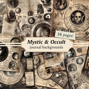 Mystieke en occulte achtergronden, digitale ongewenste dagboekpagina's, afdrukbaar astronomie-plakboekpapier, collageblad astrologie, vintage ephemera-kit