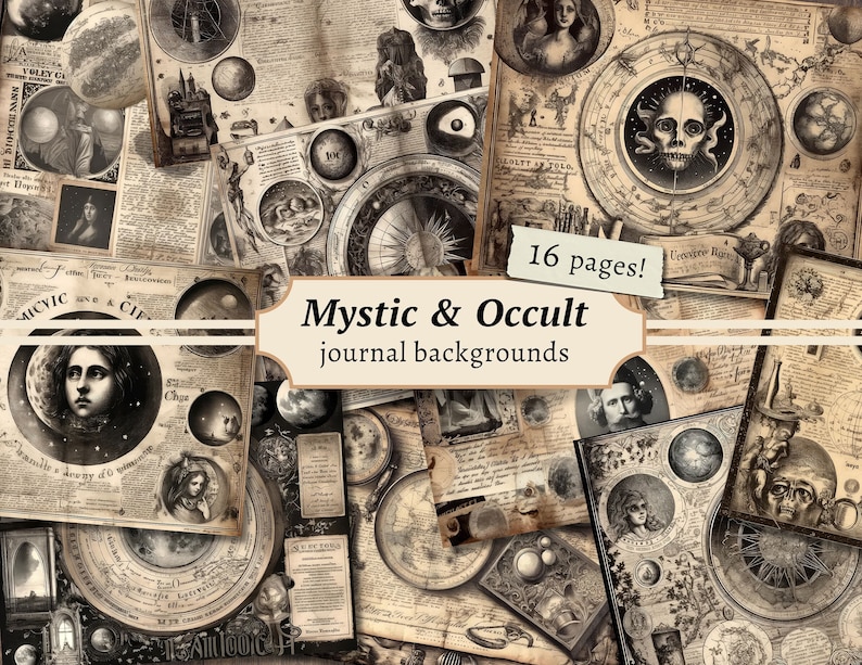 Puede incluir: Un collage de 16 p&aacute;ginas de fondos de diario vintage, antiguos y de tem&aacute;tica oculta. Las im&aacute;genes presentan cuerpos celestes, constelaciones y s&iacute;mbolos m&iacute;sticos. El texto "Mystic & Occult journal backgrounds" aparece en el centro de la imagen.