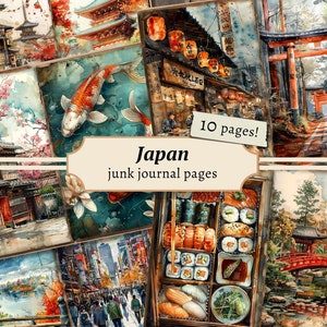 Páginas de diario basura de Japón, papel de álbum de recortes digital, imprimible en Tokio, hoja de collage de flor de cerezo, efímera oriental vintage, descarga asiática