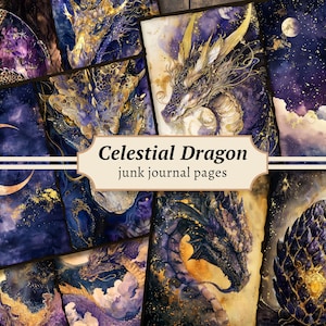 Pages de journal indésirable Dragon céleste, kit de papier de scrapbooking numérique, impression fantaisie, feuille de collage mystique, dragon magique, téléchargement cosmique