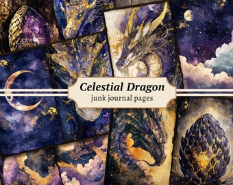 Celestial Dragon Junk Journal Pages, Digital Scrapbook Paper Kit, Fantasy Printable, Mystical Collage Sheet, Magic Dragon, Cosmic Download