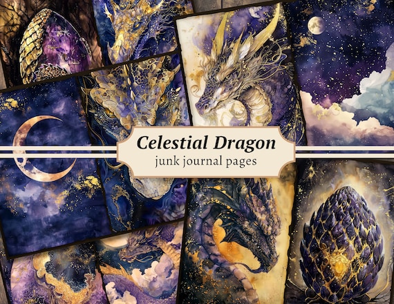 Celestial Dragon Junk Journal Pages, Digital Scrapbook Paper Kit, Fantasy Printable, Mystical Collage Sheet, Magic Dragon, Cosmic Download