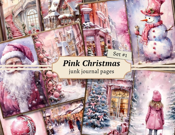 Pink Christmas Junk Journal Pages, Digital Scrapbook Paper Kit, Holiday Printable, Festive Collage Sheet, Vintage Ephemera, Santa Download