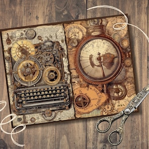 May include: Steampunk-themed artwork featuring a vintage typewriter and a compass with a map design. The artwork has a brown and gold color scheme, with intricate clockwork details. A pair of ornate scissors rests on a wooden surface.