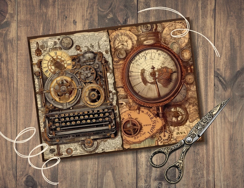 May include: Steampunk-themed artwork featuring a vintage typewriter and a compass with a map design. The artwork has a brown and gold color scheme, with intricate clockwork details. A pair of ornate scissors rests on a wooden surface.