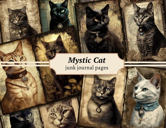 Mystic Cat Junk Journal Pages, Digital Scrapbook Paper Kit, Witchy Printable, Witchcraft Collage Sheet, Vintage Ephemera, Black Cat Download