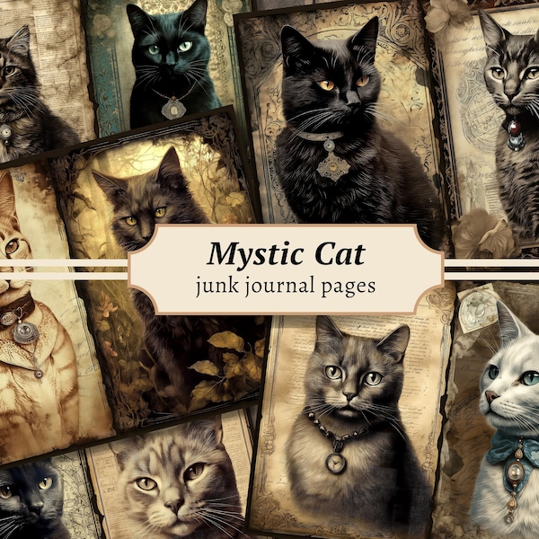 Mystic Cat Junk Journal Pages, Digital Scrapbook Paper Kit, Witchy Printable, Witchcraft Collage Sheet, Vintage Ephemera, Black Cat Download